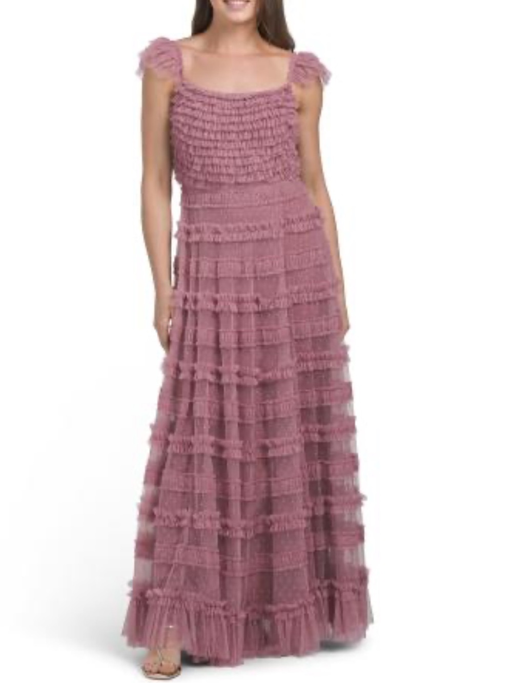 MAC DUGGAL Square Neck Micro Ruffle Gown
